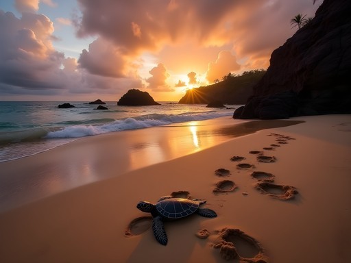 Sunset at Praia do Leão beach with visible sea turtle tracks in the sand