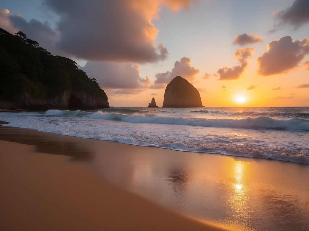 Sunset at Praia do Leão beach with dramatic waves and the lion rock formation