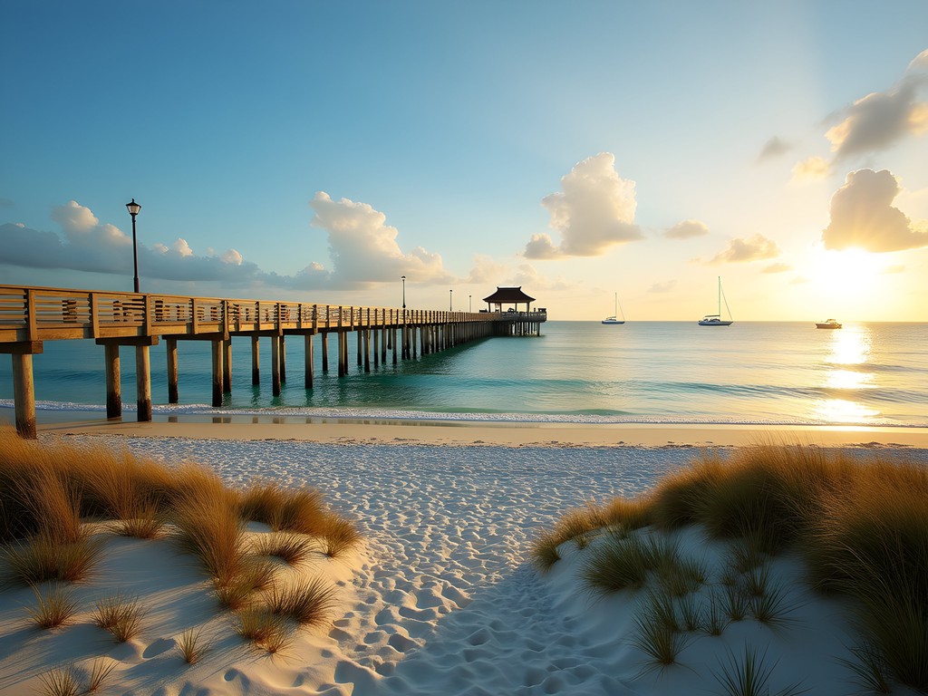 Dania Beach Pier at sunrise with few visitors and calm waters