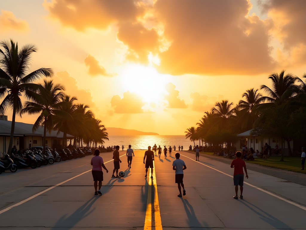 Local Tuvaluans using the Funafuti airstrip for community activities at sunset