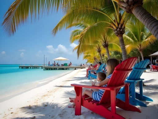 Colorful Adirondack chairs along the beach at Rum Point, Grand Cayman