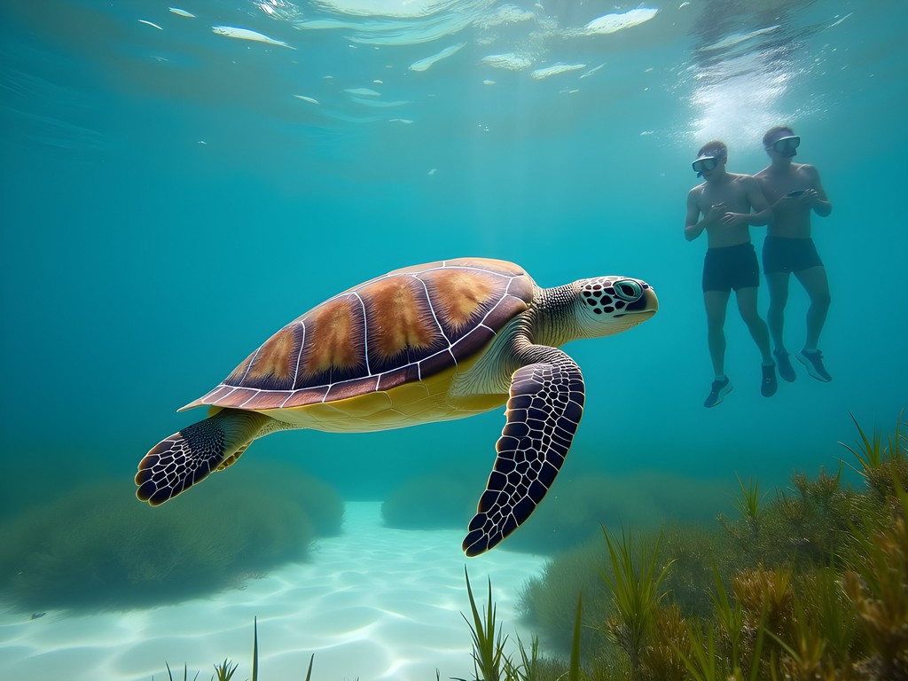 Family snorkeling with sea turtles at Spotts Beach in Grand Cayman
