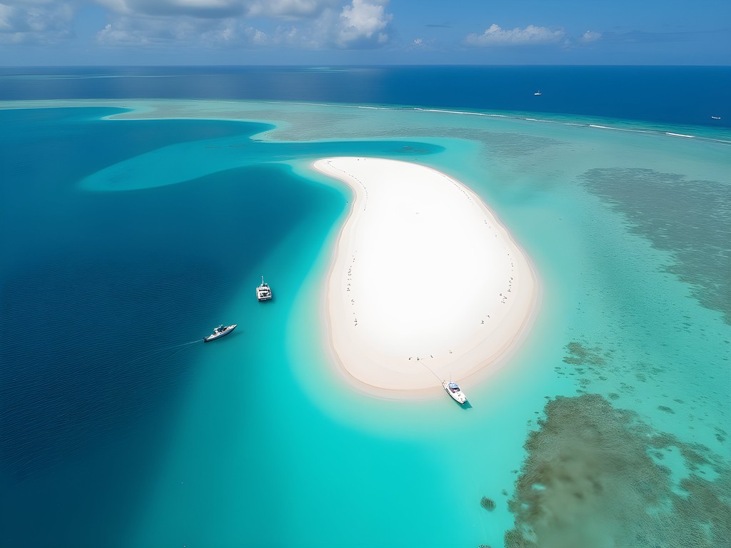 Aerial view of the white sandbar at Water Cay near Grand Cayman