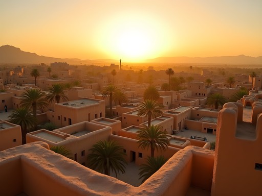 Panoramic view of Ghadames from rooftop at sunset with traveler