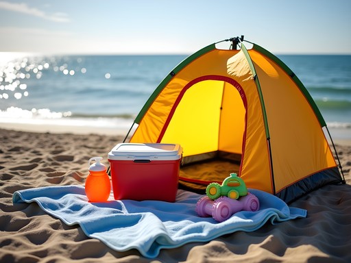 Family beach setup with umbrella and gear at Green Bay Wisconsin beach