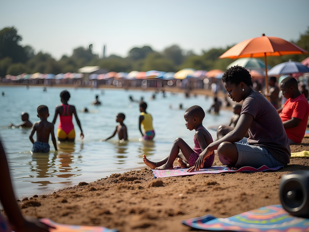 Local Zimbabwean families enjoying weekend leisure at Whitewaters Dam beach area