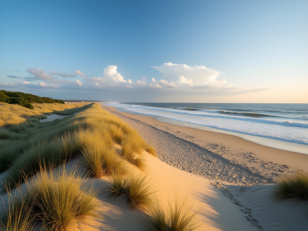 Early morning sun illuminating Cape Henlopen State Park beach with dunes in background