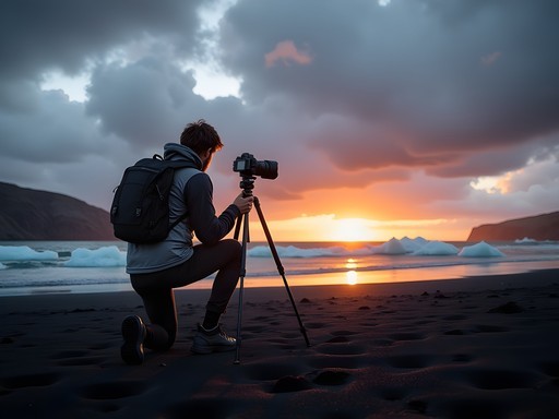 Travel photographer capturing sunset on black sand beach in Iceland