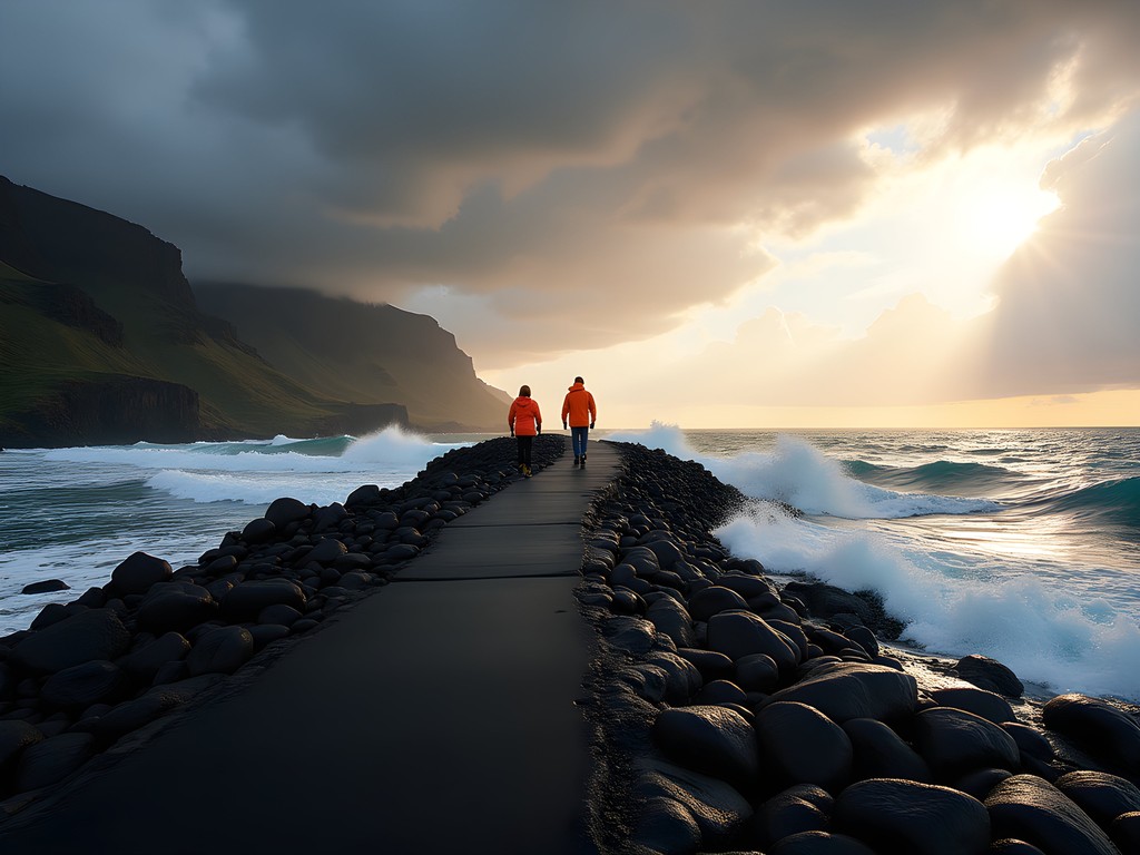 Couple carefully navigating rocky coastal path near Hofn during changing weather conditions