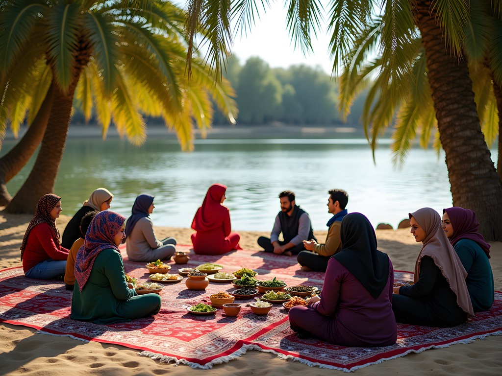Iranian families enjoying traditional picnic at desert oasis beach near Tehran