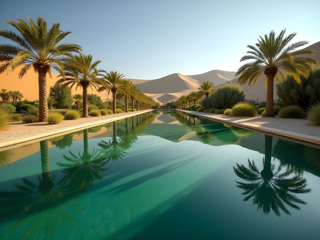 Serene desert oasis with palm trees reflecting in still waters near Tehran, Iran