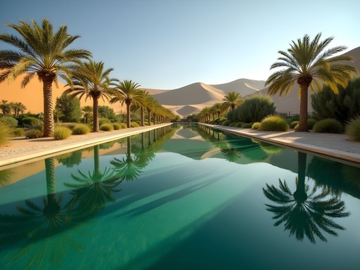 Serene desert oasis with palm trees reflecting in still waters near Tehran, Iran