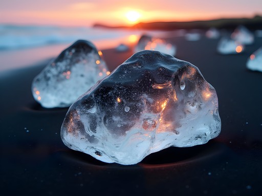 Glittering ice chunks on black sand at Diamond Beach near Höfn