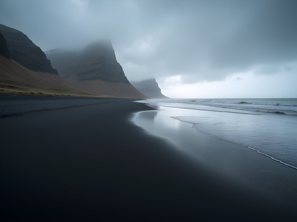 Expansive black sand beach near Höfn with dramatic mountain backdrop