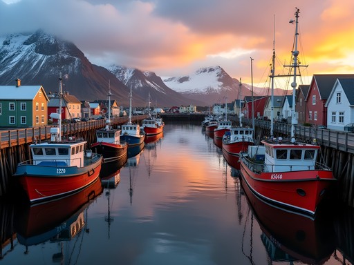 Fishing boats in Höfn harbor at sunset with mountains in background