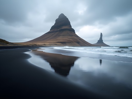 Vestrahorn mountain reflecting in wet black sand at Stokksnes Peninsula