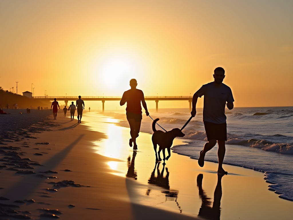 Early morning at Jacksonville Beach with locals walking along shoreline as sun rises over Atlantic Ocean