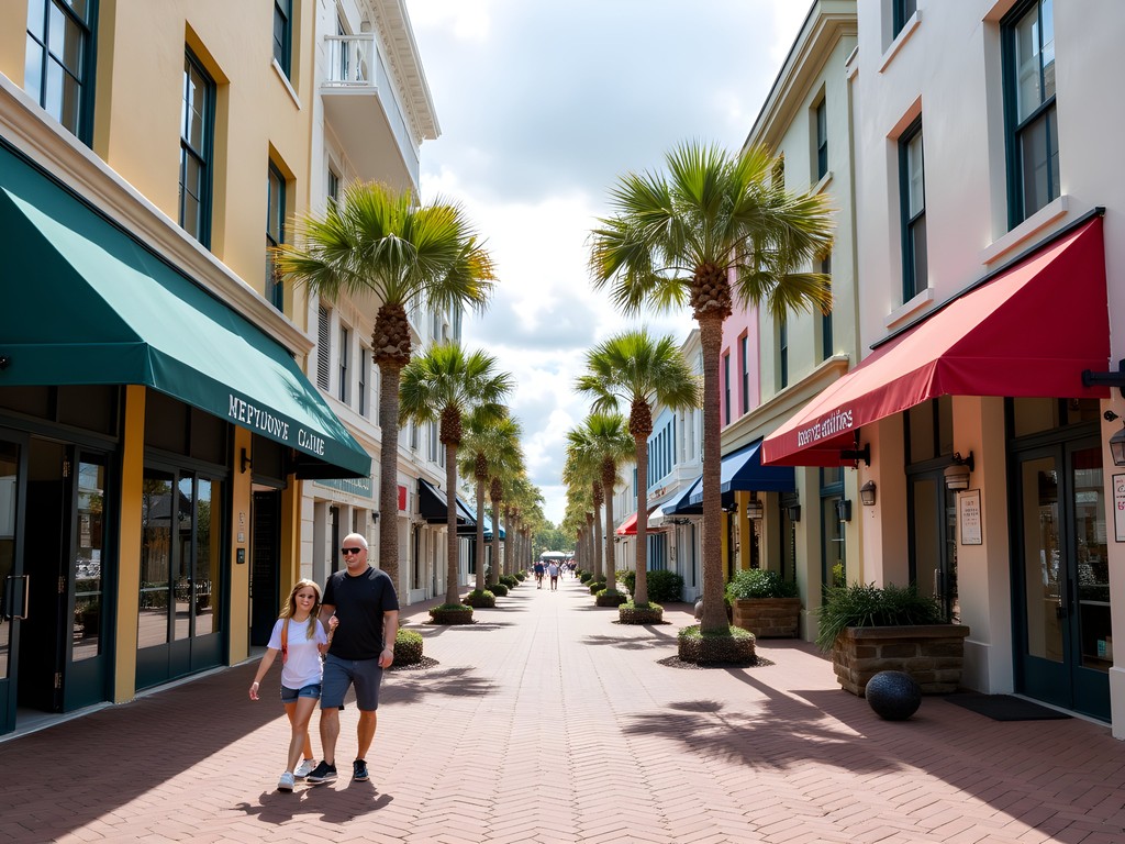 Town Center area between Neptune and Atlantic Beach showing local shops, pedestrians, and beach access path