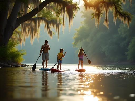 Family paddleboarding on the Chattahoochee River in Johns Creek