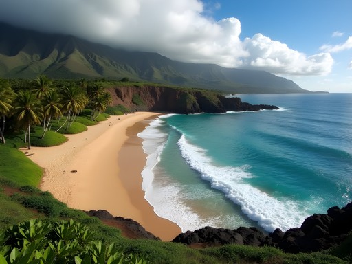 Hamoa Beach near Hana, Maui with perfect crescent shape and palm trees