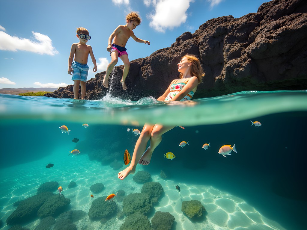 Family snorkeling at Black Rock, Ka'anapali Beach with crystal clear water and tropical fish