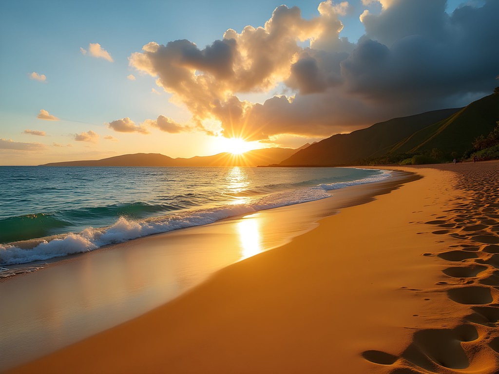 Sunrise at Makena Beach (Big Beach) in Maui with golden light and pristine shoreline