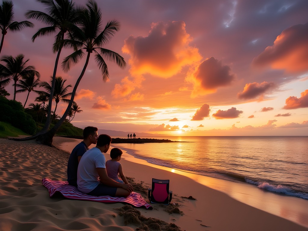 Family enjoying sunset at Poolenalena Beach in South Maui with dramatic sky colors