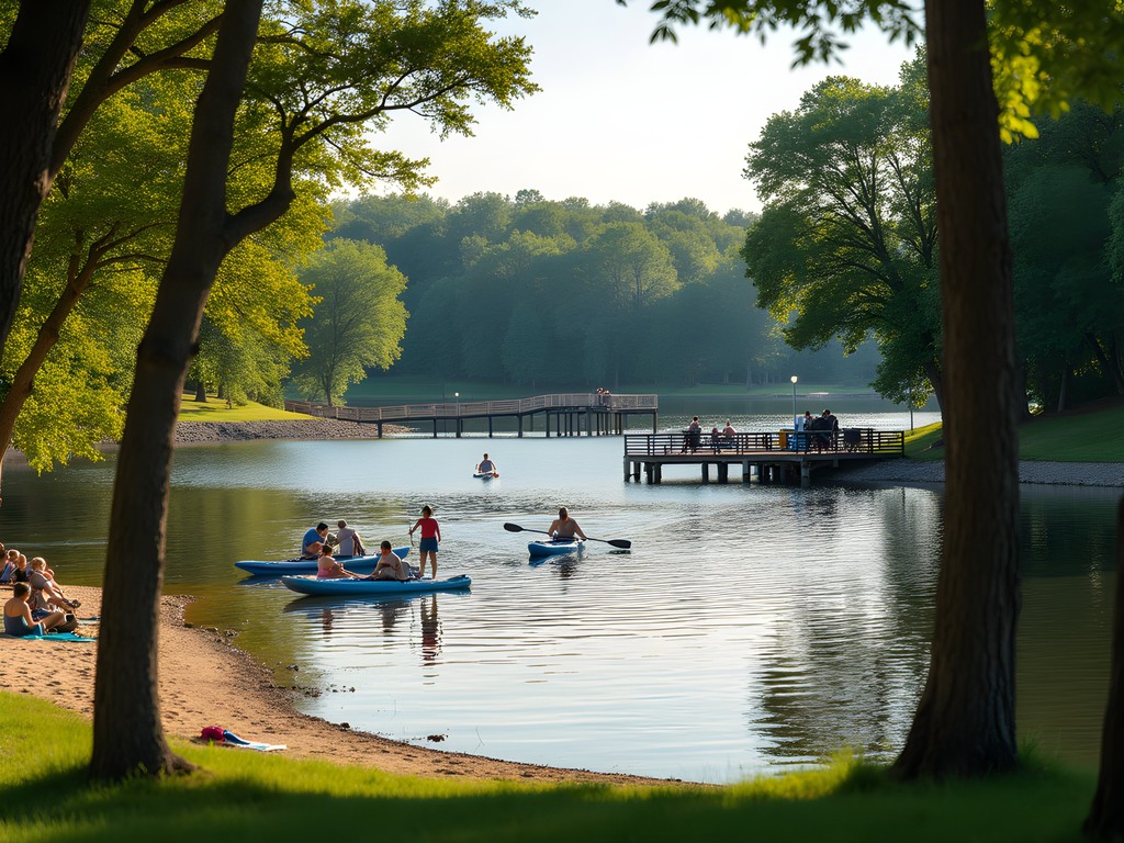 Family paddleboarding on Cottonmill Lake in Kearney with tree-lined shores in background