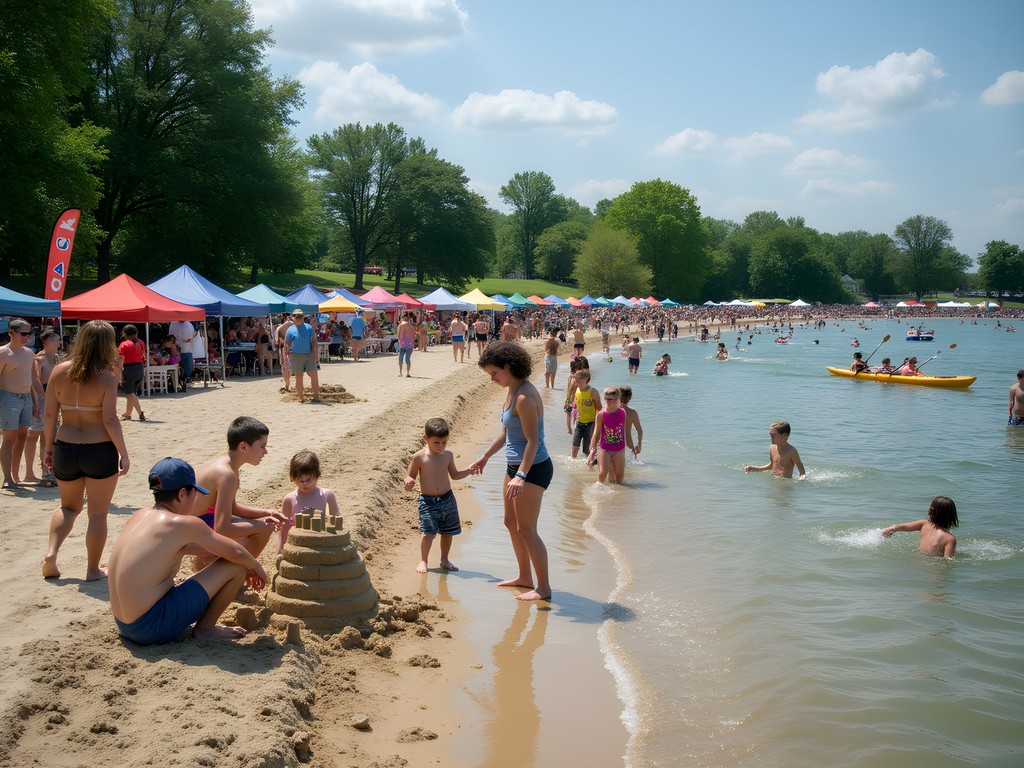 Families participating in water activities at Kearney Waterfest with beach and lake in background