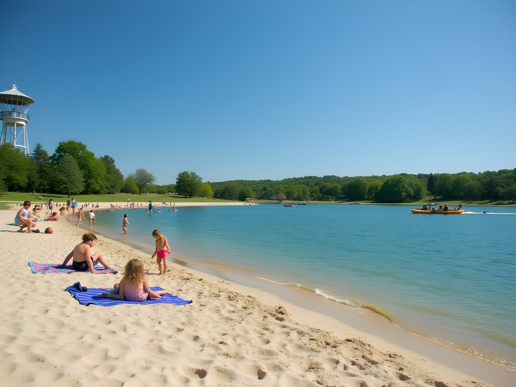Sandy beach area at Yanney Heritage Park in Kearney, Nebraska with families enjoying summer activities