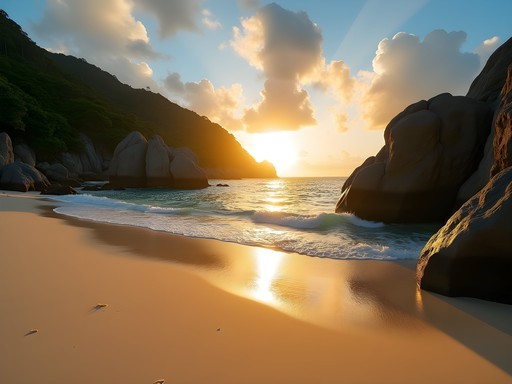 Natural rock pools at Anse Cocos beach during sunrise with golden light illuminating granite formations