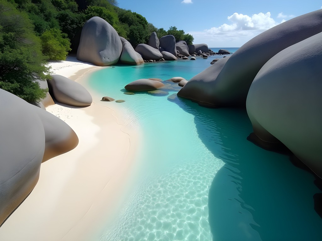 Natural infinity pool surrounded by granite boulders at Anse Marron beach in La Digue, Seychelles