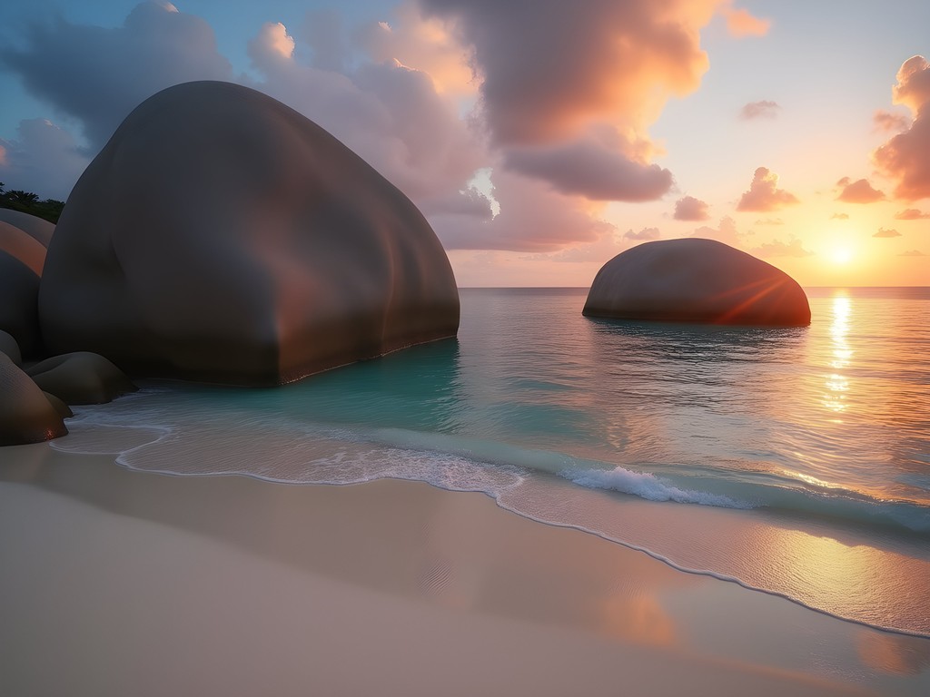Sunrise at Anse Patates beach with golden light illuminating rounded granite boulders in La Digue, Seychelles