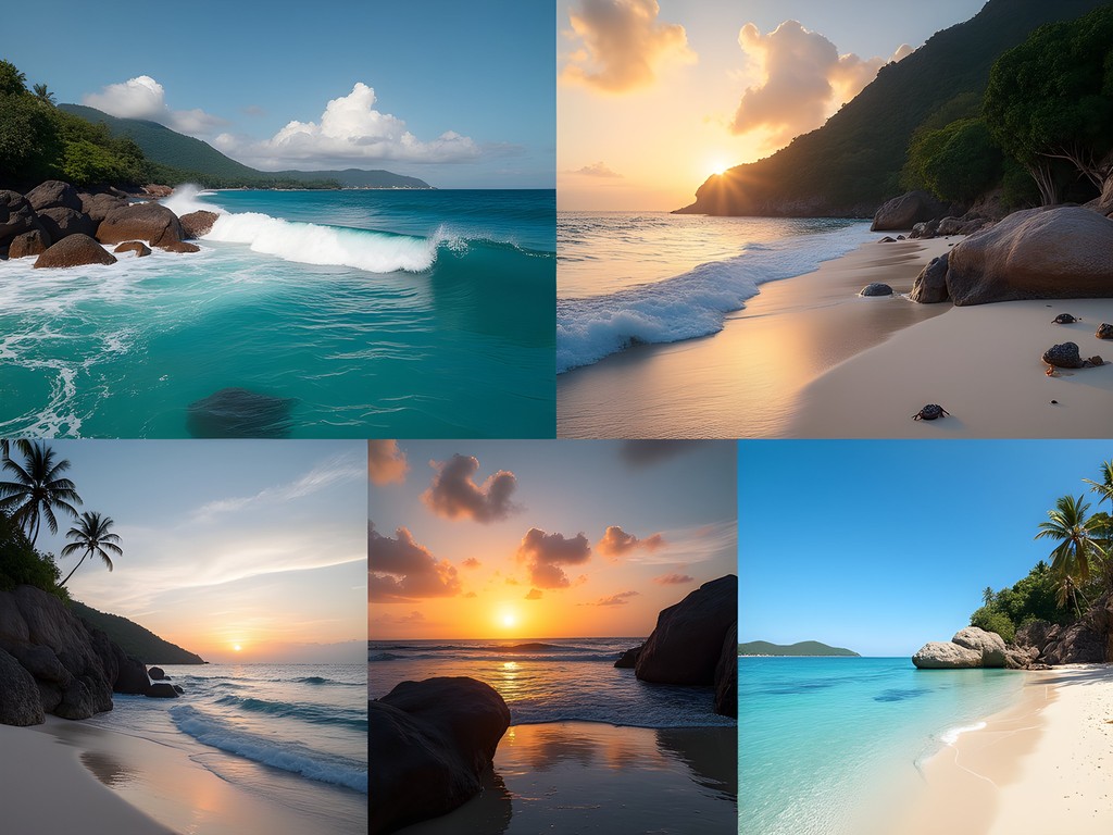 Collage of five hidden beaches on La Digue island showing diverse coastal landscapes