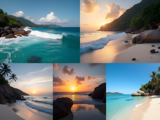 Collage of five hidden beaches on La Digue island showing diverse coastal landscapes