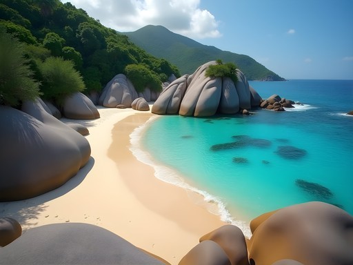 Small horseshoe-shaped Petite Anse beach surrounded by granite rocks in La Digue, Seychelles