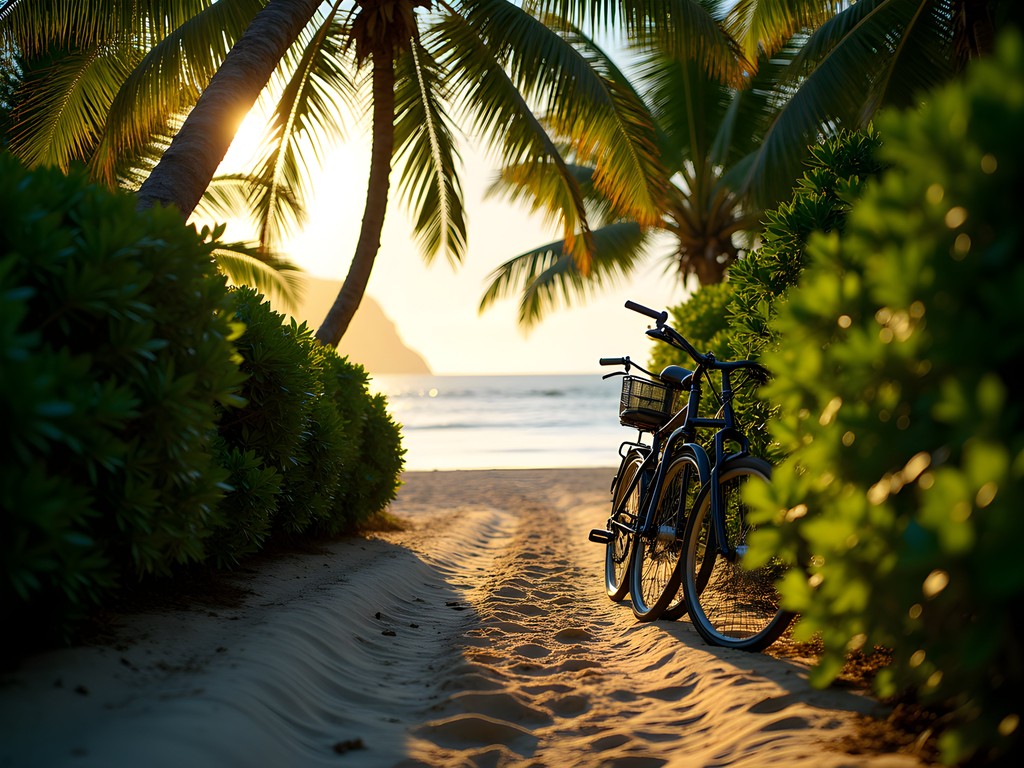 Bicycles parked near a hidden beach path on La Digue island