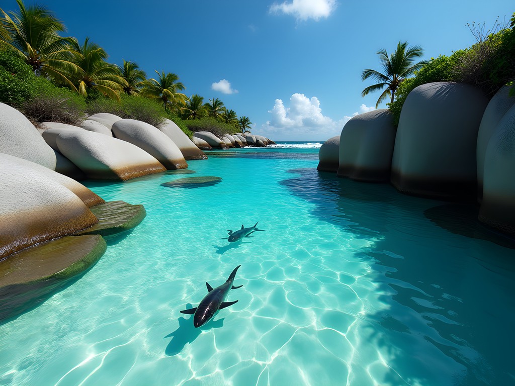 Natural swimming pool surrounded by massive granite boulders at Anse Marron, La Digue