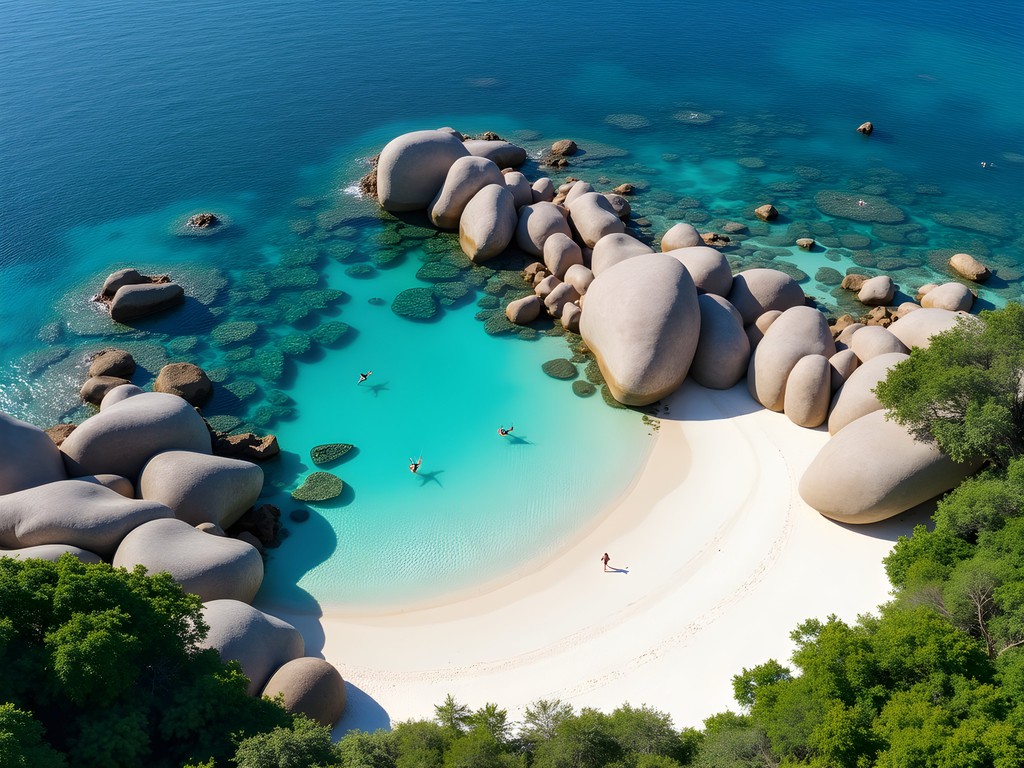 Aerial view of Anse Patates beach showing clear waters and snorkeling area around granite formations