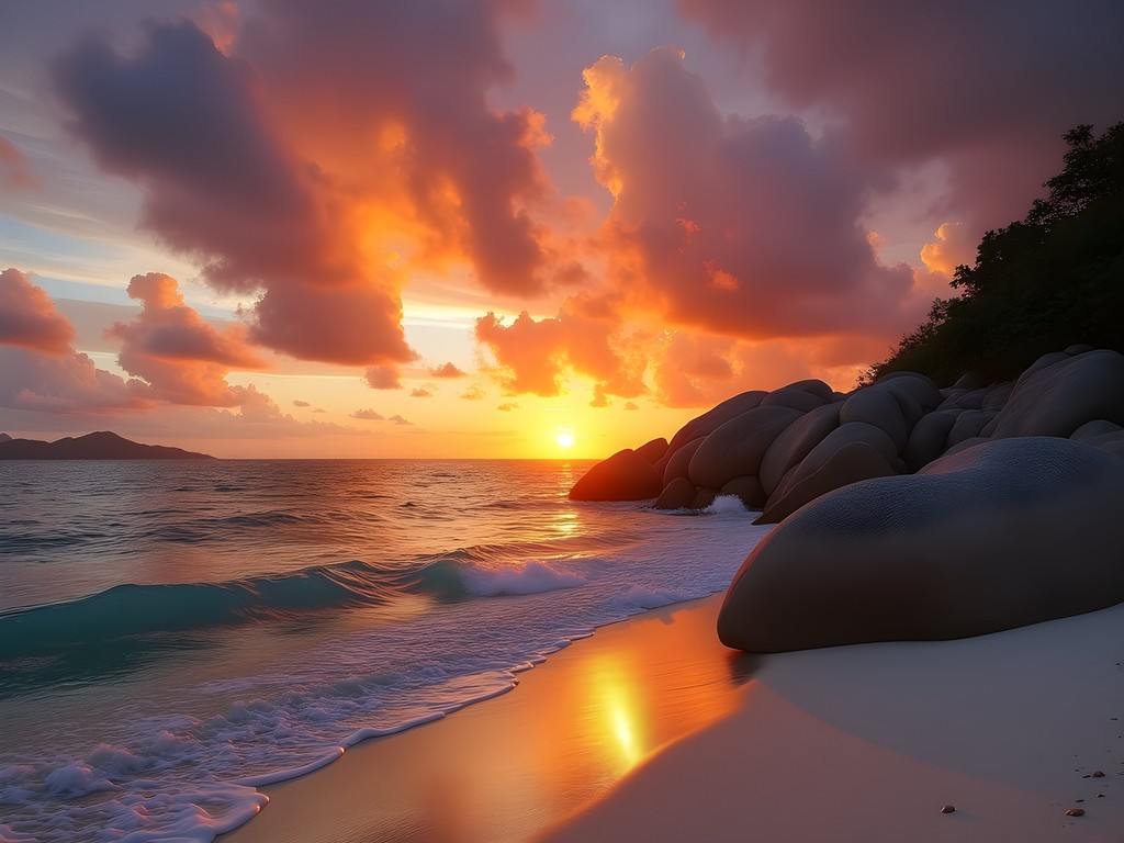 Stunning sunset at Anse Severe beach with silhouette of Praslin Island in the distance