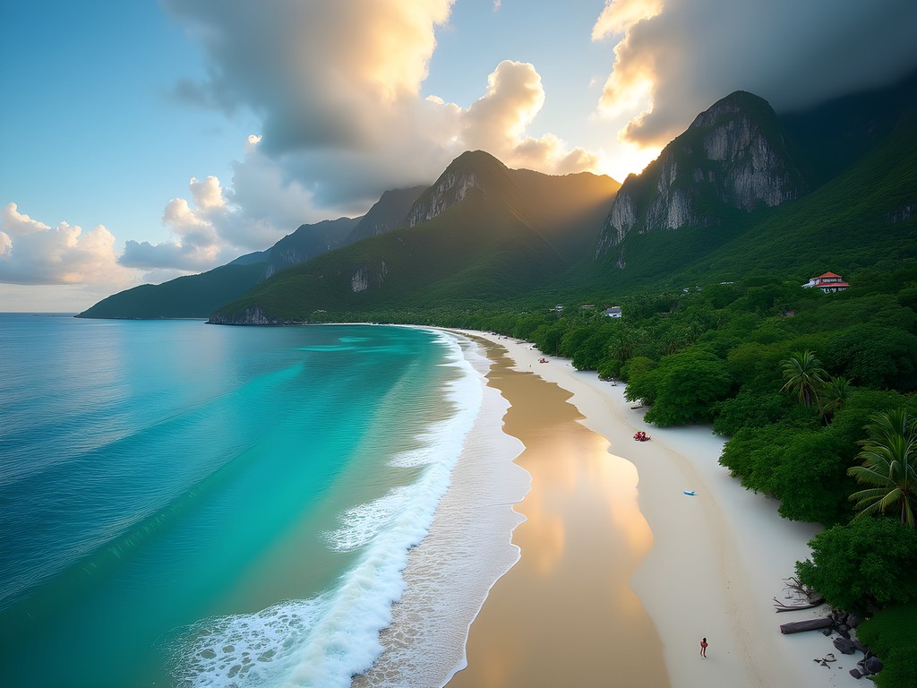 Panoramic view of Grand Anse beach in La Digue with dramatic waves and mountain backdrop