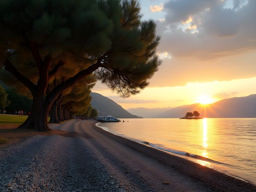 Sunset at Riva del Tenciuu beach with golden light illuminating the eastern mountains of Lake Como