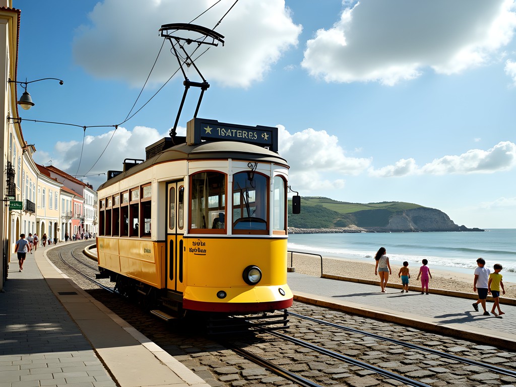 Historic tram arriving at Praia das Maçãs with view of beach where river meets ocean