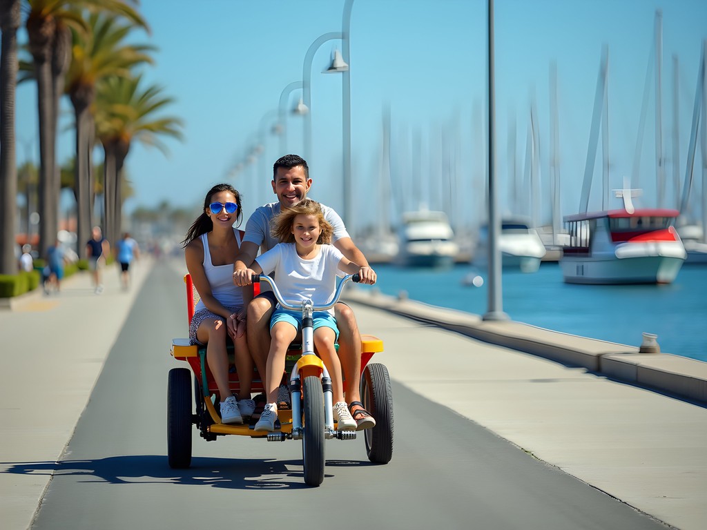 Family riding a surrey bike along Long Beach waterfront with harbor views
