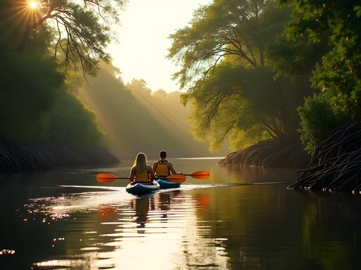 Couple kayaking near the hidden beach at Oleta River State Park with mangroves
