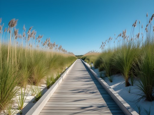 Wooden boardwalk through coastal dunes at Bon Secour National Wildlife Refuge Alabama