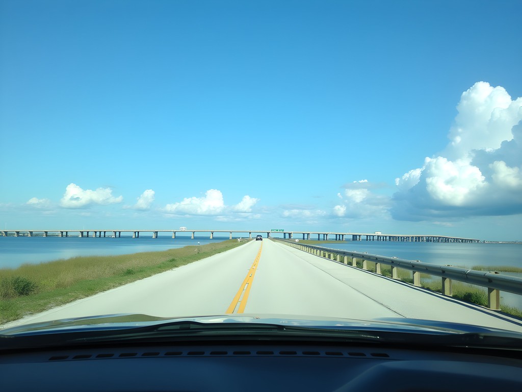 Scenic causeway bridge crossing Mobile Bay toward Dauphin Island Alabama