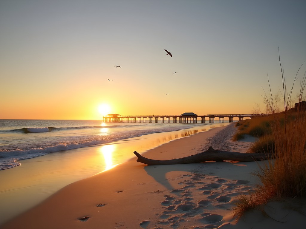 Sunrise over empty beach on Dauphin Island with fishing pier in distance