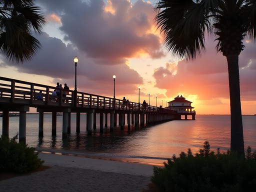 Fairhope Municipal Pier at sunset with Mobile Bay waters reflecting orange and purple sky