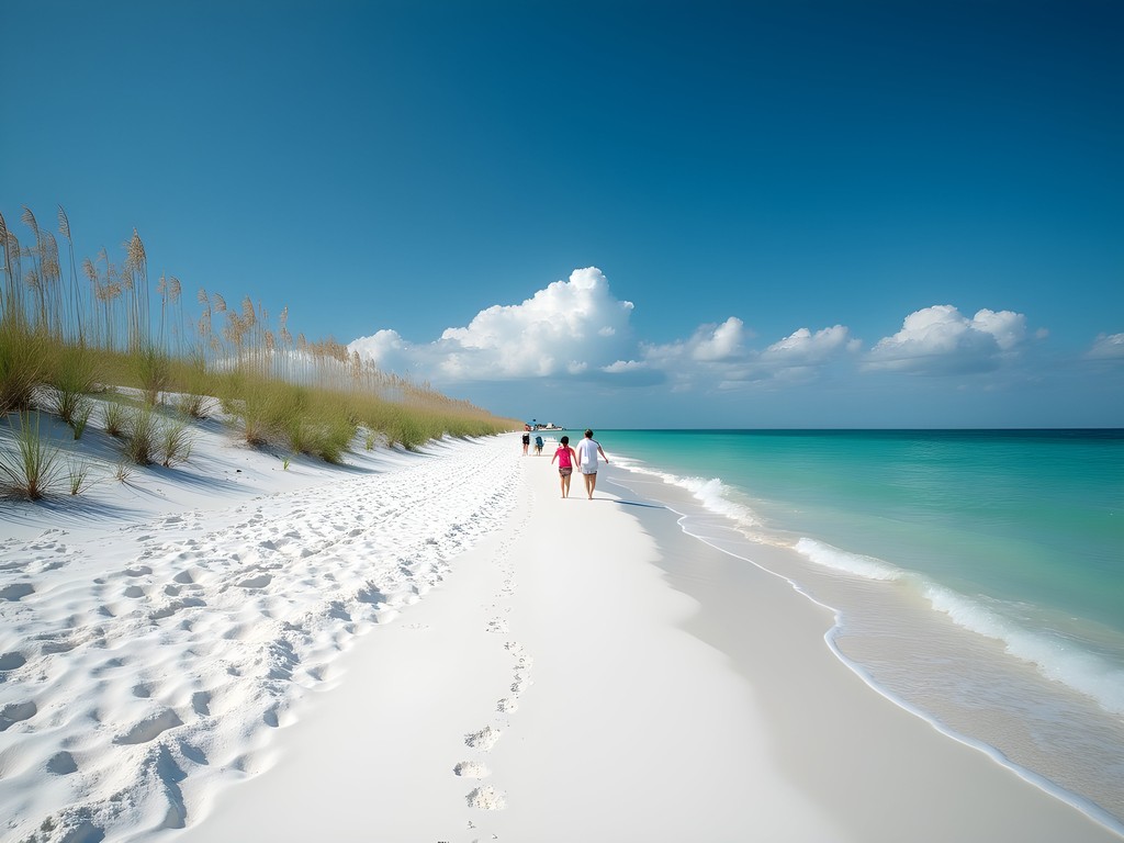White sand beaches at Gulf State Park with sea oats and dunes in foreground